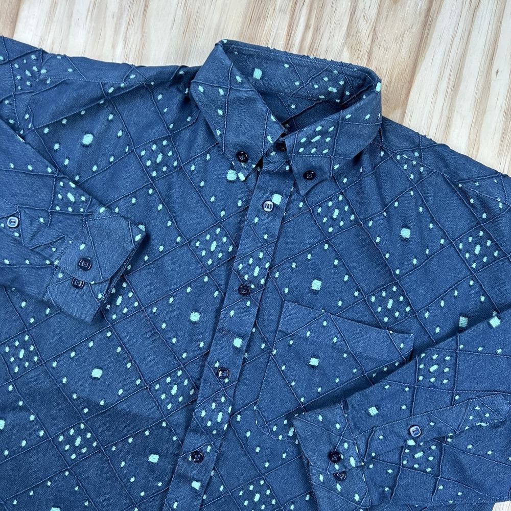 True Vintage 70s Heavyweight Textured Button Up Shirt Blue Fits XL One of a Kind
